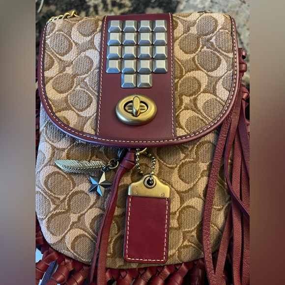 Coach Fringe Saddle Bag In Signature Jacquard With Pyramid Rivets - Picture 7 of 14